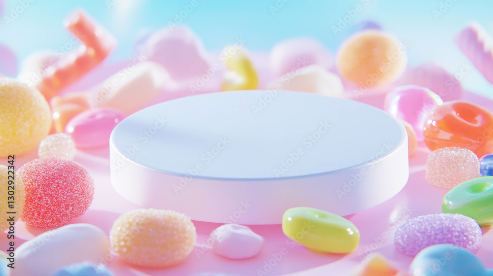 Vibrant display of colorful candy around white circular podium Vibrant display of colorful candy around white circular podium