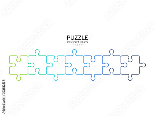 Thinline infographics. Concept with 7 pieces of puzzle. Jigsaw business chain infographic. Process diagram presentation. Vector illustration.