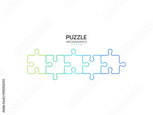 Thinline infographics. Concept with 5 pieces of puzzle. Jigsaw business chain infographic. Process diagram presentation. Vector illustration.