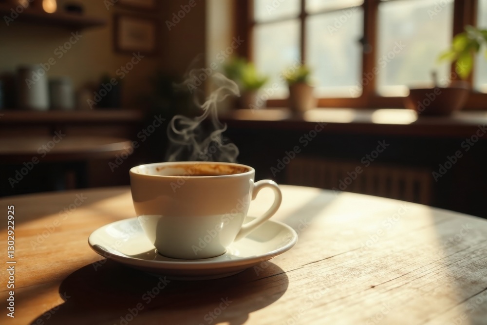 Aromatic Steam Rising From a Cup of Coffee on a Sunlit Wooden Table in a Cozy Cafe Setting Aromatic Steam Rising From a Cup of Coffee on a Sunlit Wooden Table in a Cozy Cafe Setting