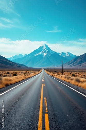 Asphalt ribbon unwinding towards a majestic snow-capped peak under a vibrant azure sky, promising adventure and open road freedom.