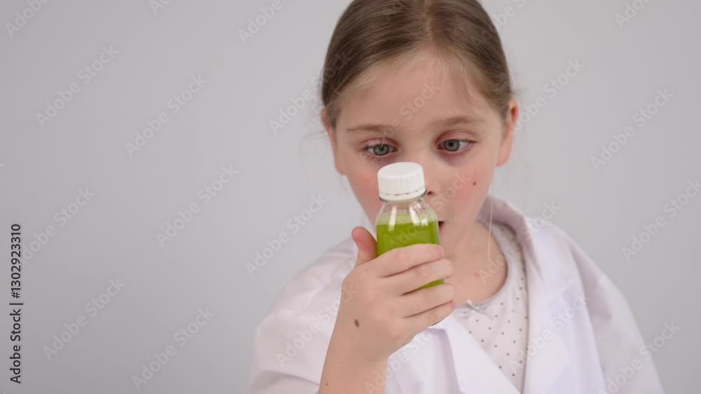 Caucasian girl doing chemical experiments on a white background. Caucasian girl doing chemical experiments on a white background.