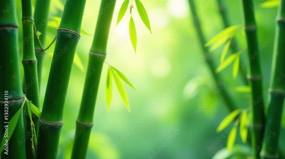 Fototapeta premium Vibrant Green Bamboo Stalks with Lush Foliage in a Tranquil Natural Setting