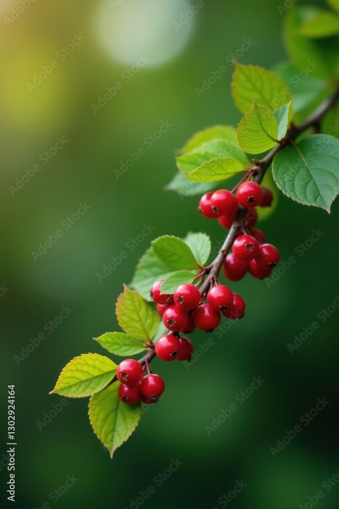 Vibrant Red Berries on a Lush Green Branch, a Close-Up View of Nature's Beauty Vibrant Red Berries on a Lush Green Branch, a Close-Up View of Nature's Beauty