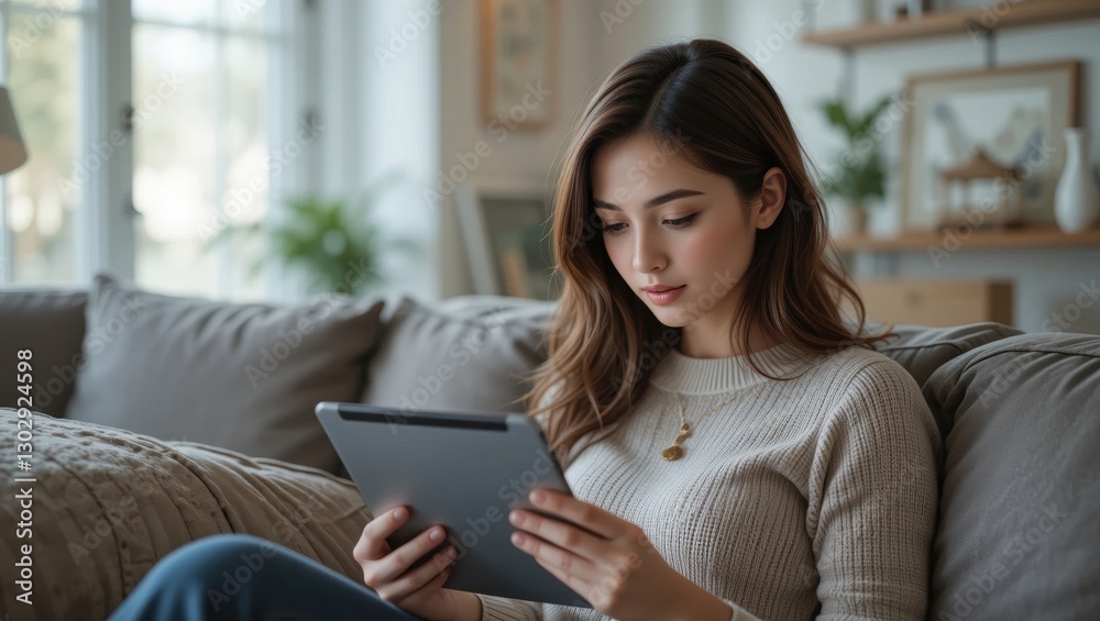 Young Woman Engaged in Reading on Tablet While Relaxing Comfortably on Sofa at Home Young Woman Engaged in Reading on Tablet While Relaxing Comfortably on Sofa at Home