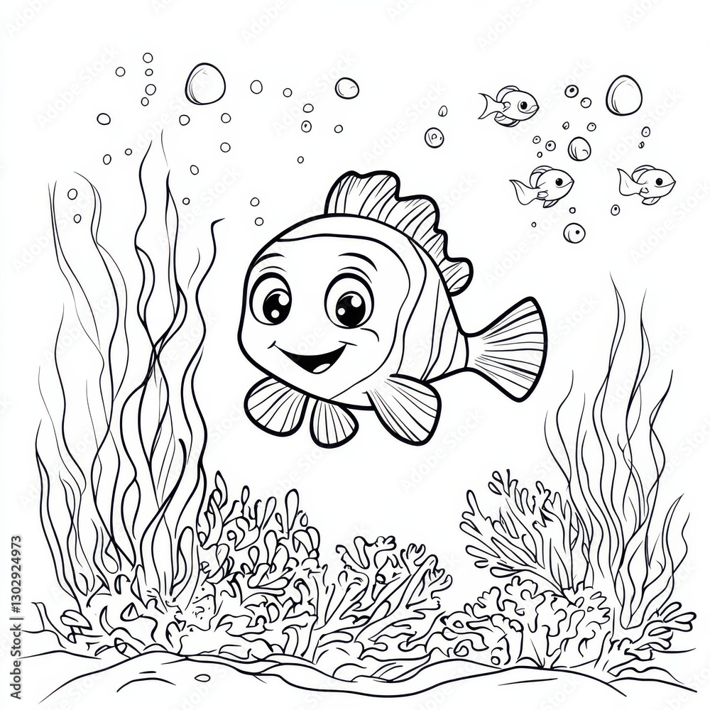 Fototapeta premium coloring book, cute happy nemo, under the sea theme with corals and seaweeds