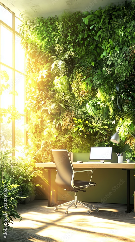 Fototapeta premium Bright, modern office with indoor plants and a steering view of nature for a productive workspace.