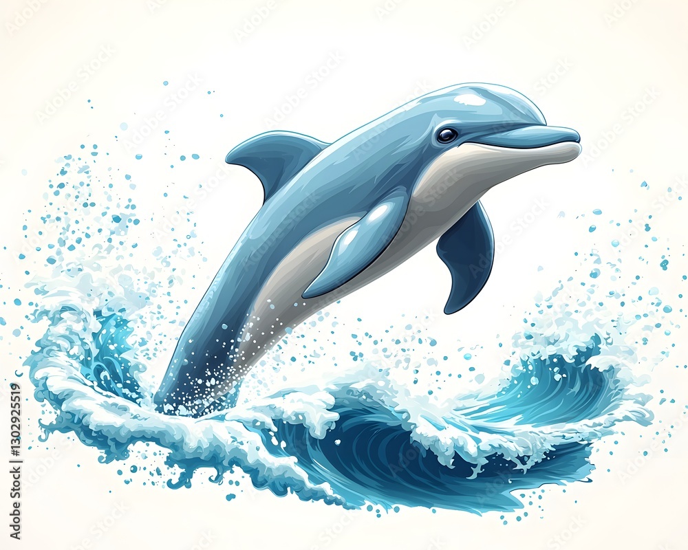 Obraz premium Playful Cartoon Dolphin Jumping Through Glowing Waves on White Background