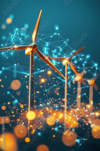 Wind energy growth milestones visualized in glowing overlays.