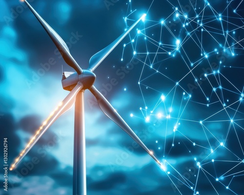 Wind turbine innovations tracked with glowing data.
