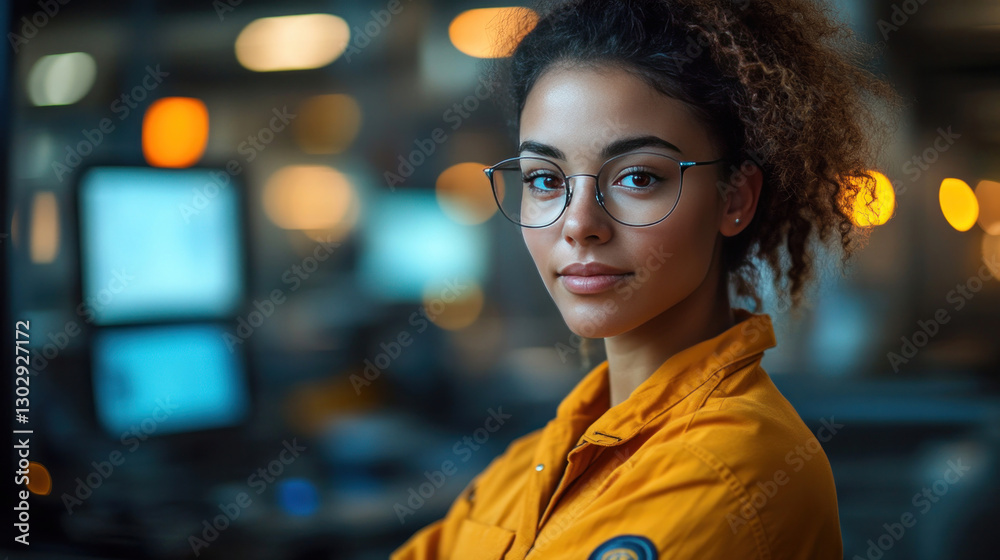 Obraz premium Sustainable manufacturing engineers configuring AI-powered carbon-neutral factory equipment, refining real-time renewable energy optimization