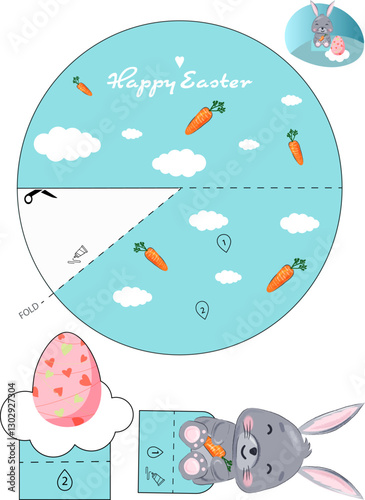 3D Easter card. Vector card for creativity on the theme of Easter with a rabbit and a carrot. This card can be cut out and glued with children or loved ones.