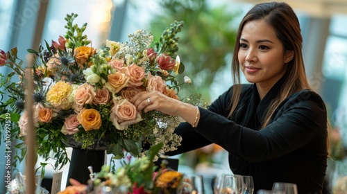A professional event planner adjusting a floral centerpiece at a wedding venue