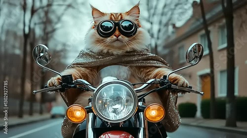 A whimsical cat wearing goggles and a cape confidently rides a motorcycle down a city street