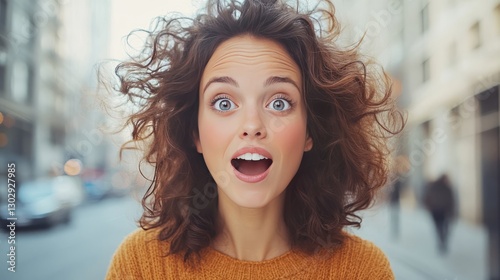 Astonished Woman on City Street: A young woman with curly auburn hair stands on a city street, her mouth agape in a look of utter astonishment. Her eyes are wide and expressive.