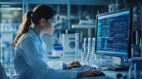 A public health researcher analyzing health data on a computer in a laboratory setting