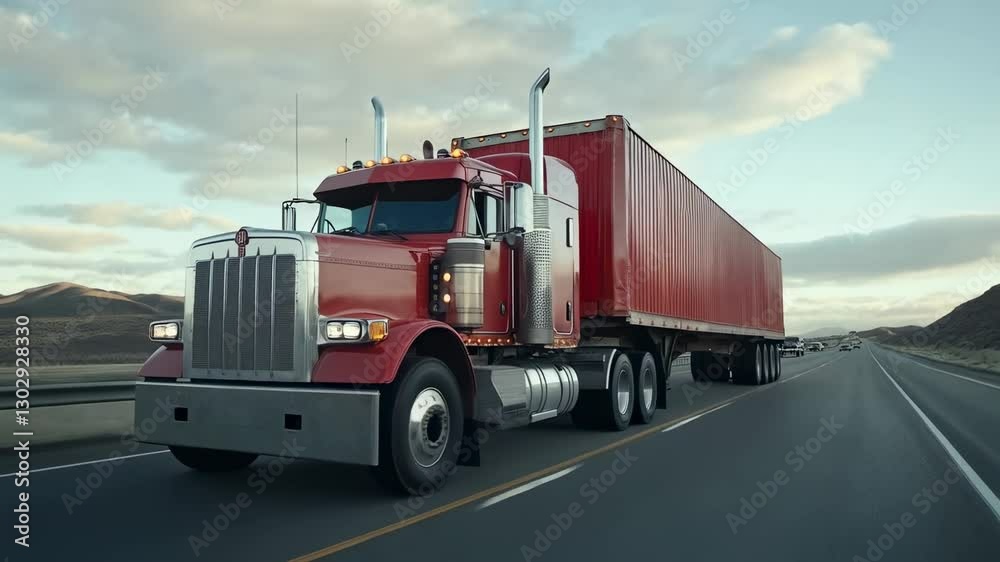 Heavy-duty truck travels along scenic highway during golden hour with mountains in the background Heavy-duty truck travels along scenic highway during golden hour with mountains in the background
