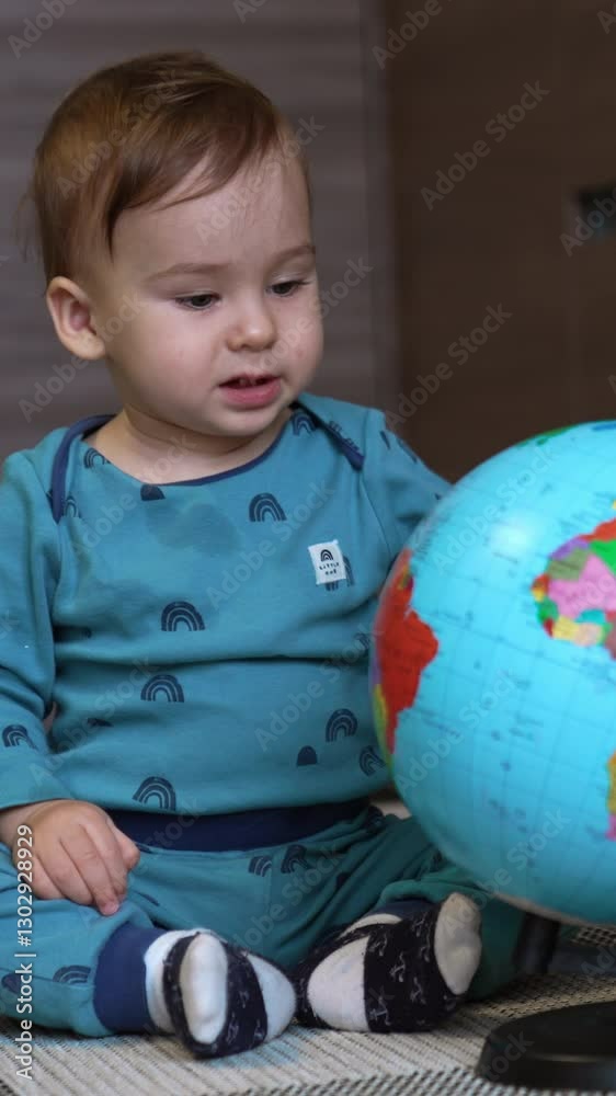 Small playful kid have fun with globe. Cute little boy playing with globe. Vertical video