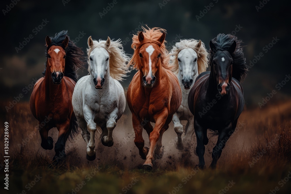 Obraz premium Majestic Horse Gallop: A stunning image of five powerful horses, with flowing manes and muscular bodies, galloping across a grassy field, showcasing freedom and beauty. 