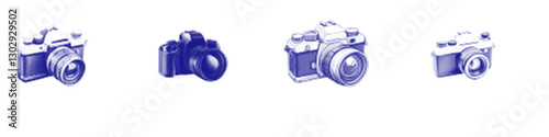 Vector illustration of vintage cameras in various styles and designs
