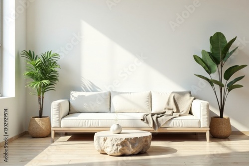 Serene Minimalist Living Room Design with Natural Light and Neutral Color Palette Featuring a Comfortable Sofa, Stylish Woven Plant Baskets, and a Textured Stone Coffee Table