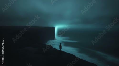 A solitary figure stands on a cliff edge gazing into an eerie glowing abyss under a stormy sky