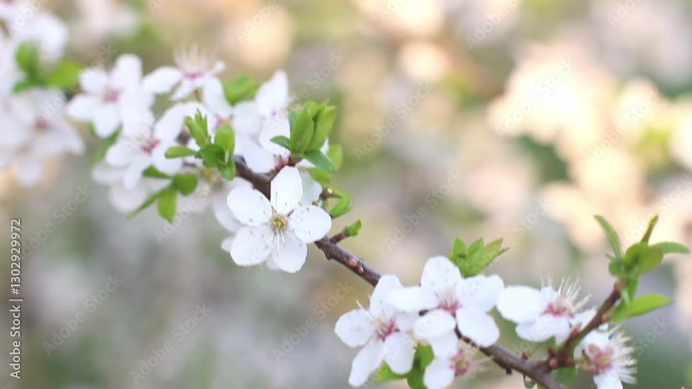 Apple tree flowers on a beautiful blurred background of a blooming garden at sunset. Bright spring flower scene of spring bloom with natural light Apple tree flowers on a beautiful blurred background of a blooming garden at sunset. Bright spring flower scene of spring bloom with natural light