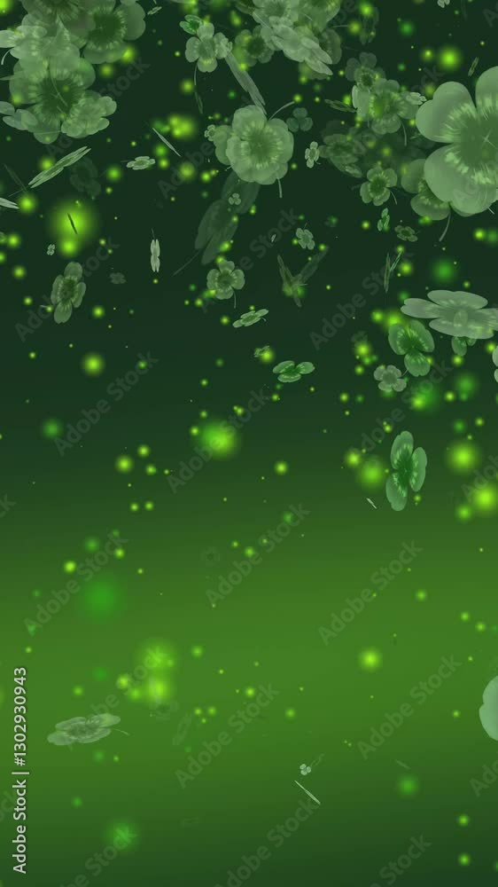 Symbols of clover shamrock - St. Patrick. Lucky shamrocks, shiny stars and glowing glittering particles on a dark green gradient background. This Saint Patrick's Day celebration party background. Symbols of clover shamrock - St. Patrick. Lucky shamrocks, shiny stars and glowing glittering particles on a dark green gradient background. This Saint Patrick's Day celebration party background.
