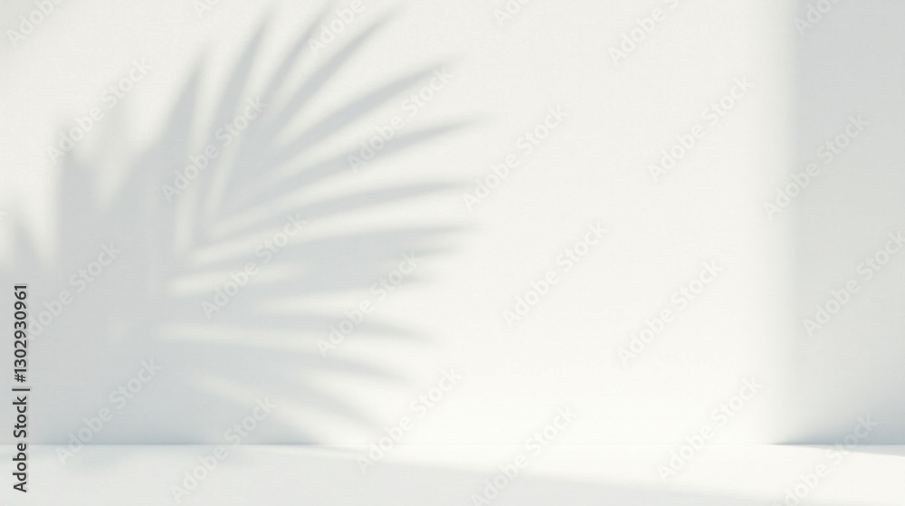 Serene Minimalist Background Featuring a Delicate Palm Leaf Shadow on a Pristine White Wall and Floor Serene Minimalist Background Featuring a Delicate Palm Leaf Shadow on a Pristine White Wall and Floor