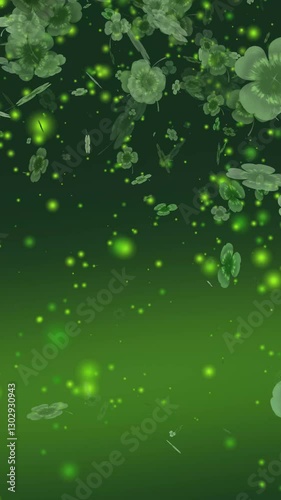 Symbols of clover shamrock - St. Patrick. Lucky shamrocks, shiny stars and glowing glittering particles on a dark green gradient background. This Saint Patrick's Day celebration party background.