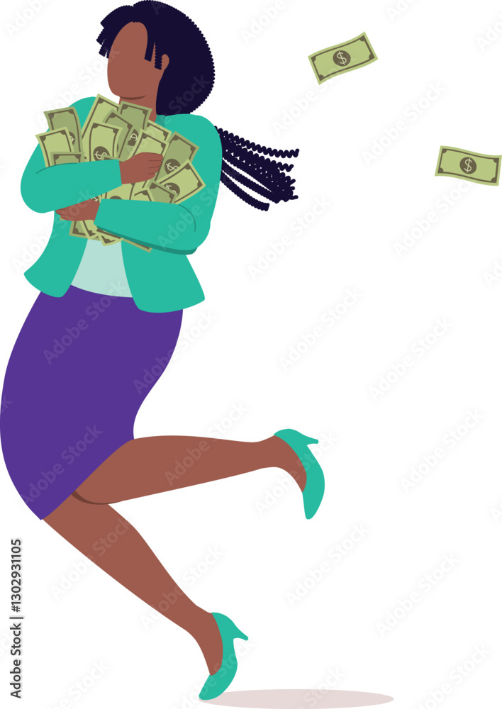 Fototapeta premium Black Businesswoman Running Away With A Bunch Cash Money In Both Of Her Arms.