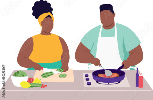 Plus Size Black Husband In Apron Cooking Steak With Frying Pan. Wife With Knife Help To Cut The Cucumber.