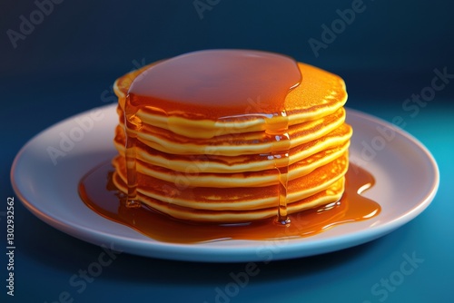 A beautifully stacked pancake with syrup dripping, single plate, blue background, high resolution, soft lighting. no shodow photo