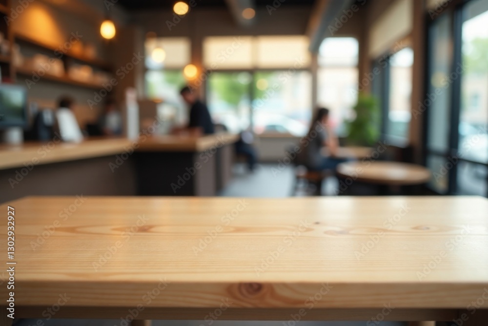 Empty Light Wood Table in a Cozy Cafe Setting with Blurred Background Empty Light Wood Table in a Cozy Cafe Setting with Blurred Background