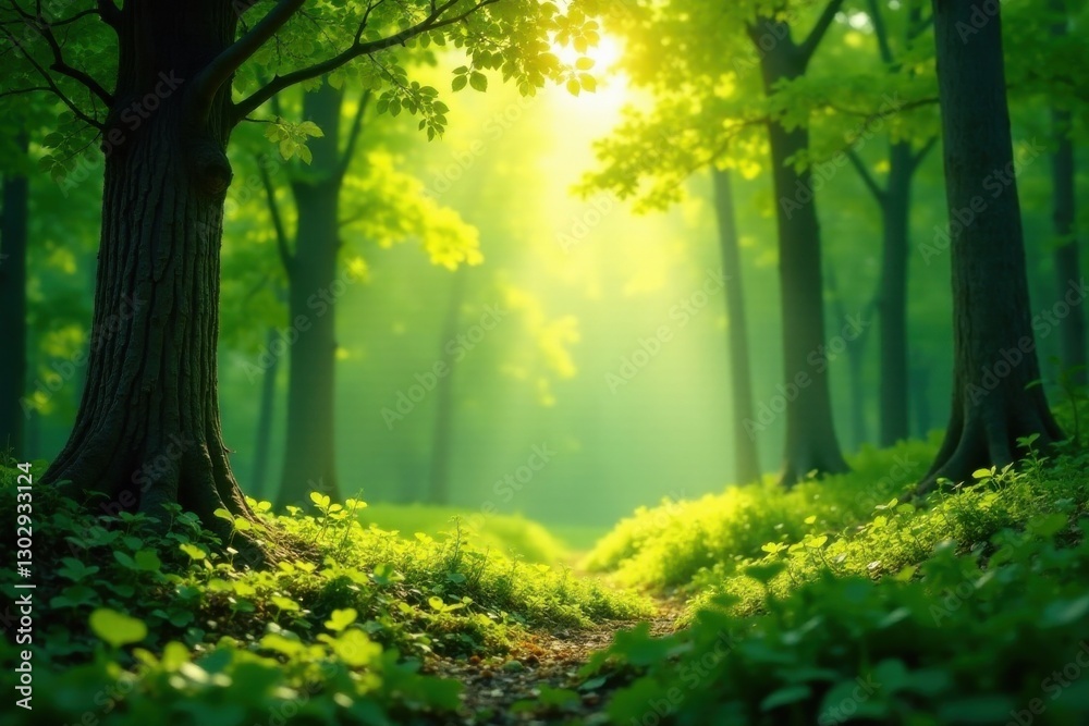 Obraz premium Sunlit Path Through a Verdant Forest, Illuminated by Golden Rays of Morning Sunlight, Creating a Serene and Tranquil Atmosphere