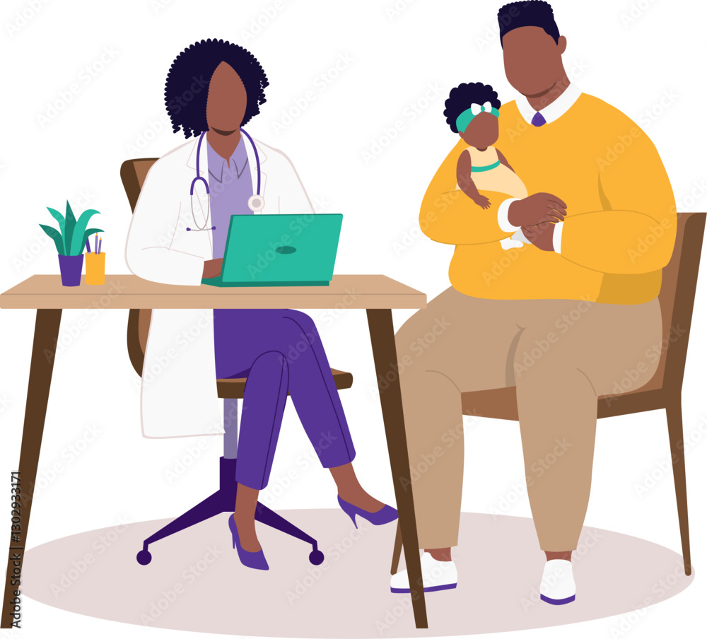 Overweight Black Father With Baby Girl Seeing A Female Paediatrician. Overweight Black Father With Baby Girl Seeing A Female Paediatrician.