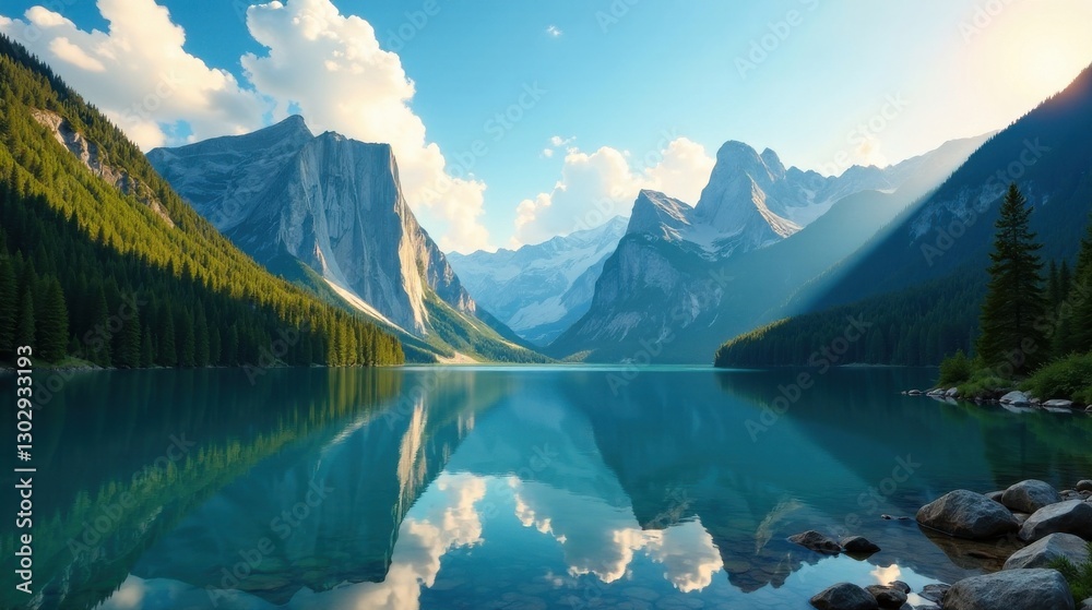Fototapeta premium Serene mountain lake reflecting majestic peaks and lush evergreen forests under a vibrant sky