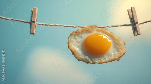 Fried egg hanging on a clothesline with wooden clothespins against a blue sky background, symbolizing a quirky and playful concept of food in an unconventional setting.