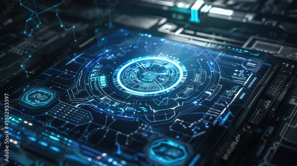 Futuristic Digital Interface with HUD Elements in Neon Blue Futuristic Digital Interface with HUD Elements in Neon Blue