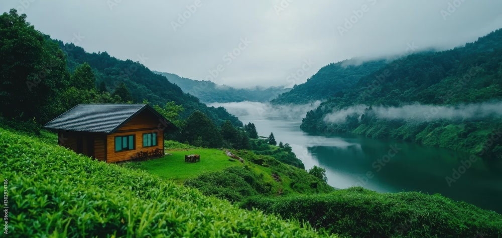 Fototapeta premium A serene cabin by a misty lake surrounded by lush green mountains, creating a tranquil and picturesque nature scene.