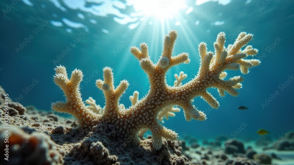Fototapeta premium Close-up underwater view of a bleached coral affected by climate change 