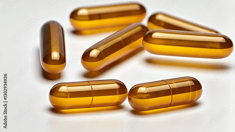 Bright yellow capsules arranged on a white surface emphasizing health and dietary supplements