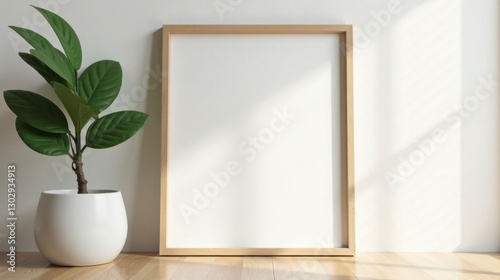 Light-filled Room Featuring a Blank Frame and a Lush Potted Plant on a Light Wooden Floor