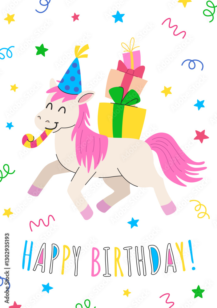 Obraz premium Birthday kids greeting card with unicorn in party hat, party horn and gifts on the back. Party invitation or holiday greeting design template.