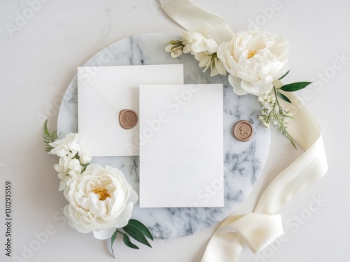 Elegant Wedding Invitation Stationery Mockup with Flowers and Ribbon