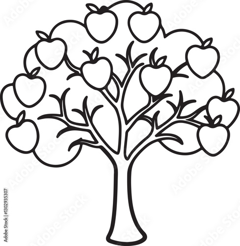 apple fruit tree line art, black outline, vector and illustration, coloring book page line art