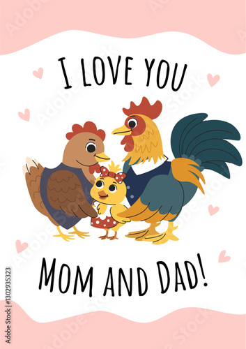 Parents day cute greeting card with family. Cartoon rooster and hen hugging chick. Card to congratulate parents on wedding anniversary and other holidays. Parental care and love.