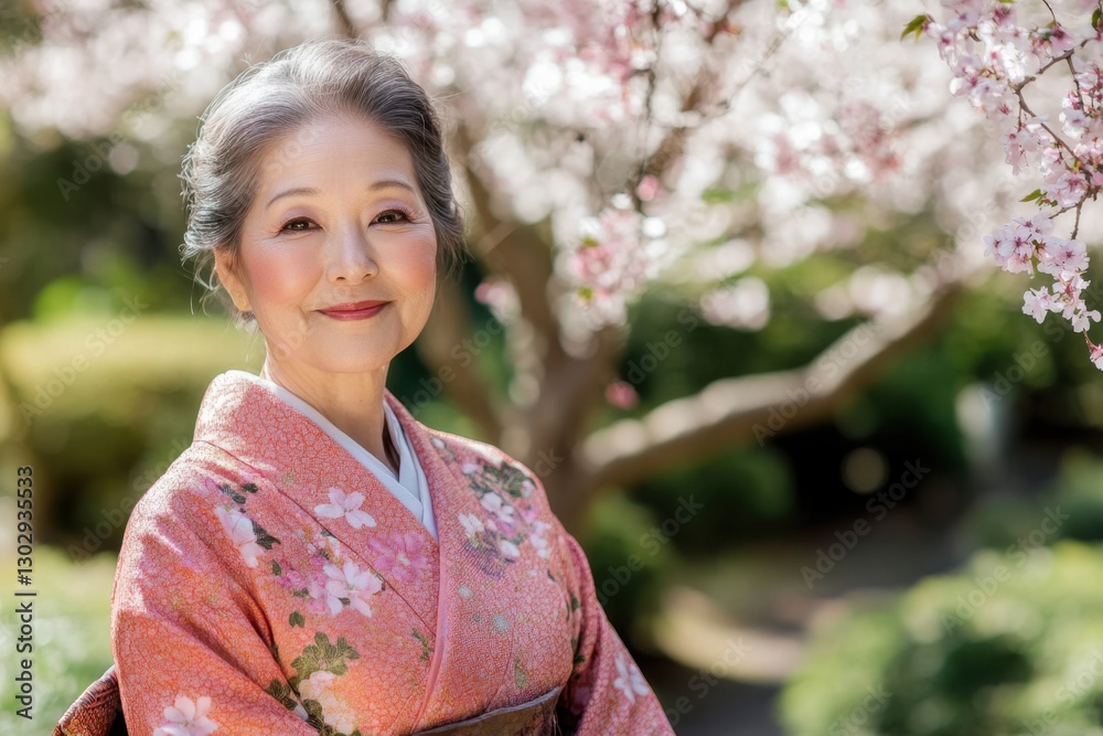 Elegant woman in traditional attire, cherry blossoms behind her. She poses gracefully amid a lush, serene garden. Warm smile conveys joy. Elegant woman in traditional attire, cherry blossoms behind her. She poses gracefully amid a lush, serene garden. Warm smile conveys joy.