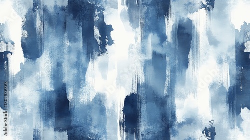 A seamless pattern with digital ink painting strokes, where thick brushstrokes create vertical stripes in shades of blue and white, reminiscent of shibori tie-dye designs
