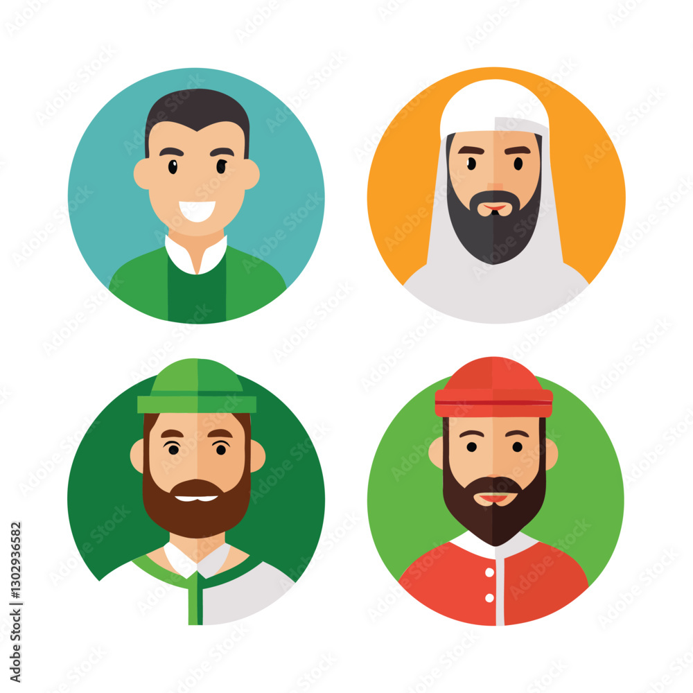 set of 4 islamic man icons of vector illustration isolated on a white background set of 4 islamic man icons of vector illustration isolated on a white background